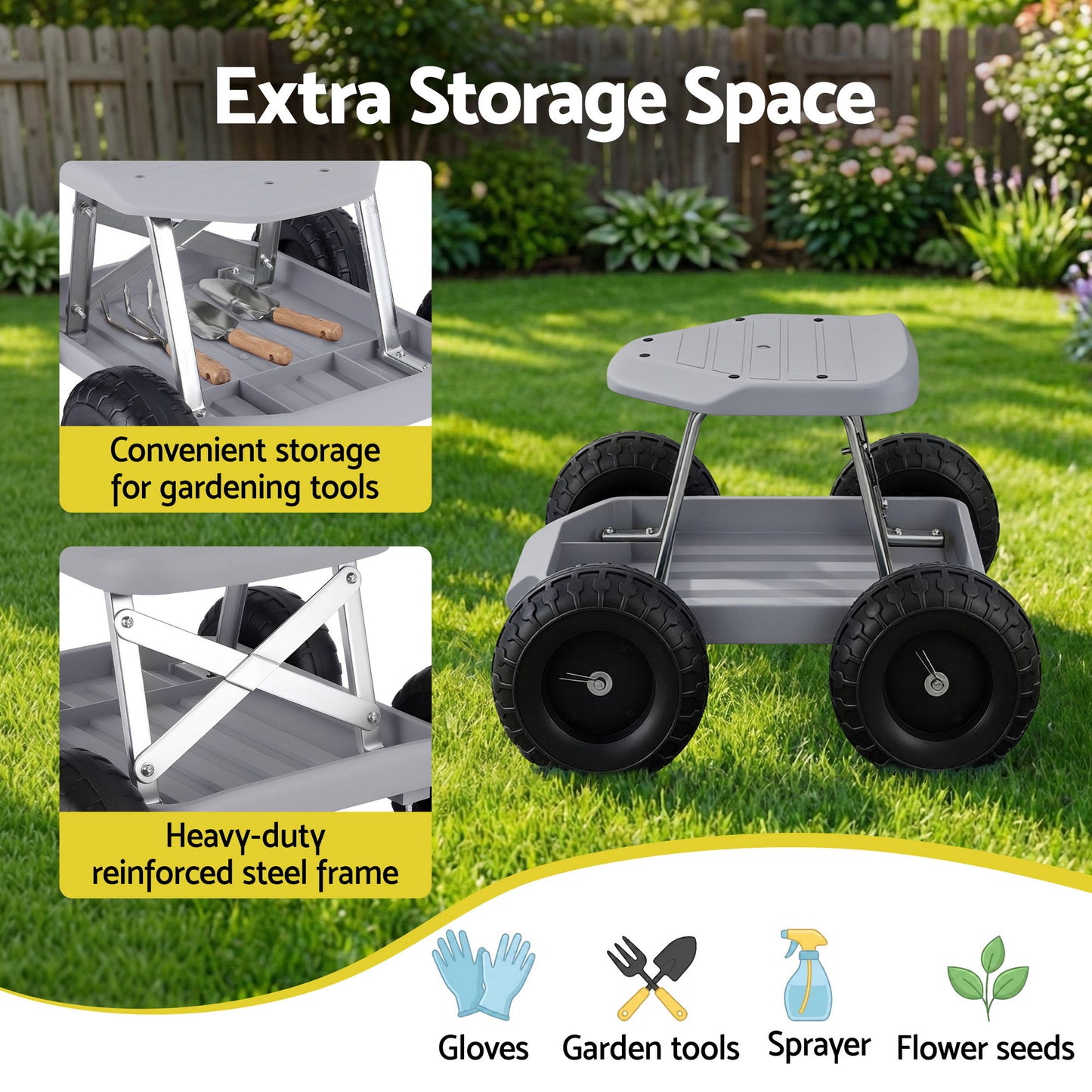 Gardeon Garden Cart Seat with Wheels, Rolling Work Stool with Tool Storage Tray, 440lbs (200kg) Heavy Duty Capacity Garden Stool for Outdoor Yard Work, Car Detailing, and Garage Maintenance, Grey/Black-2