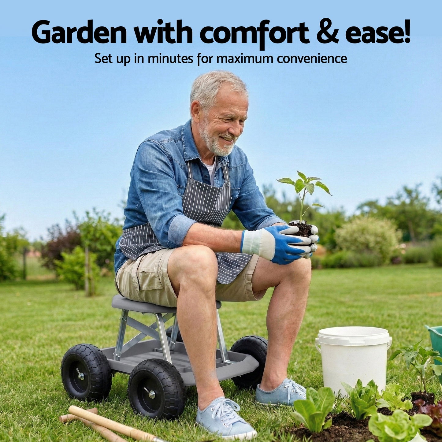 Gardeon Garden Cart Seat with Wheels, Rolling Work Stool with Tool Storage Tray, 440lbs (200kg) Heavy Duty Capacity Garden Stool for Outdoor Yard Work, Car Detailing, and Garage Maintenance, Grey/Black-5