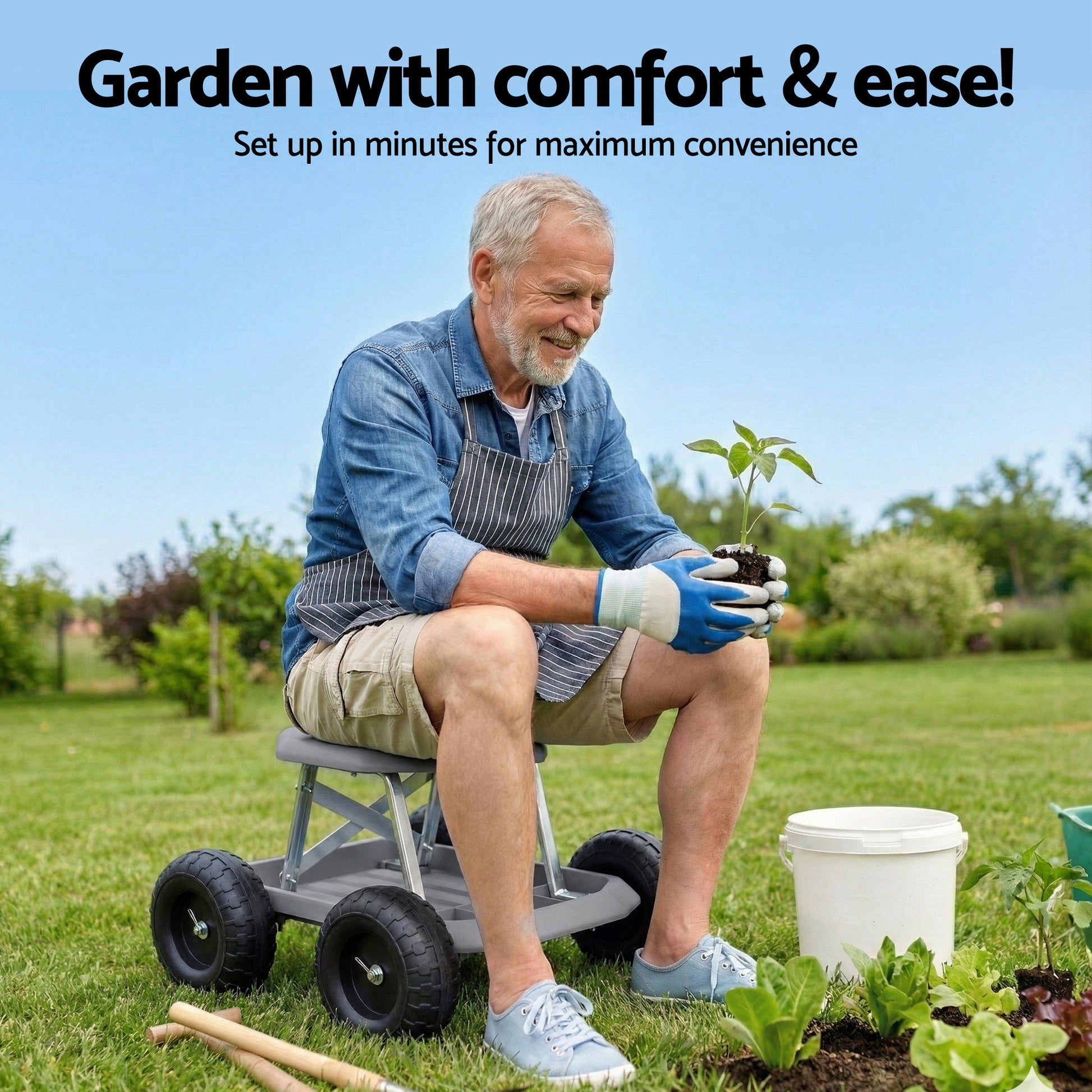 Gardeon Garden Cart Seat with Wheels, Rolling Work Stool with Tool Storage Tray, 440lbs (200kg) Heavy Duty Capacity Garden Stool for Outdoor Yard Work, Car Detailing, and Garage Maintenance, Grey/Black-5