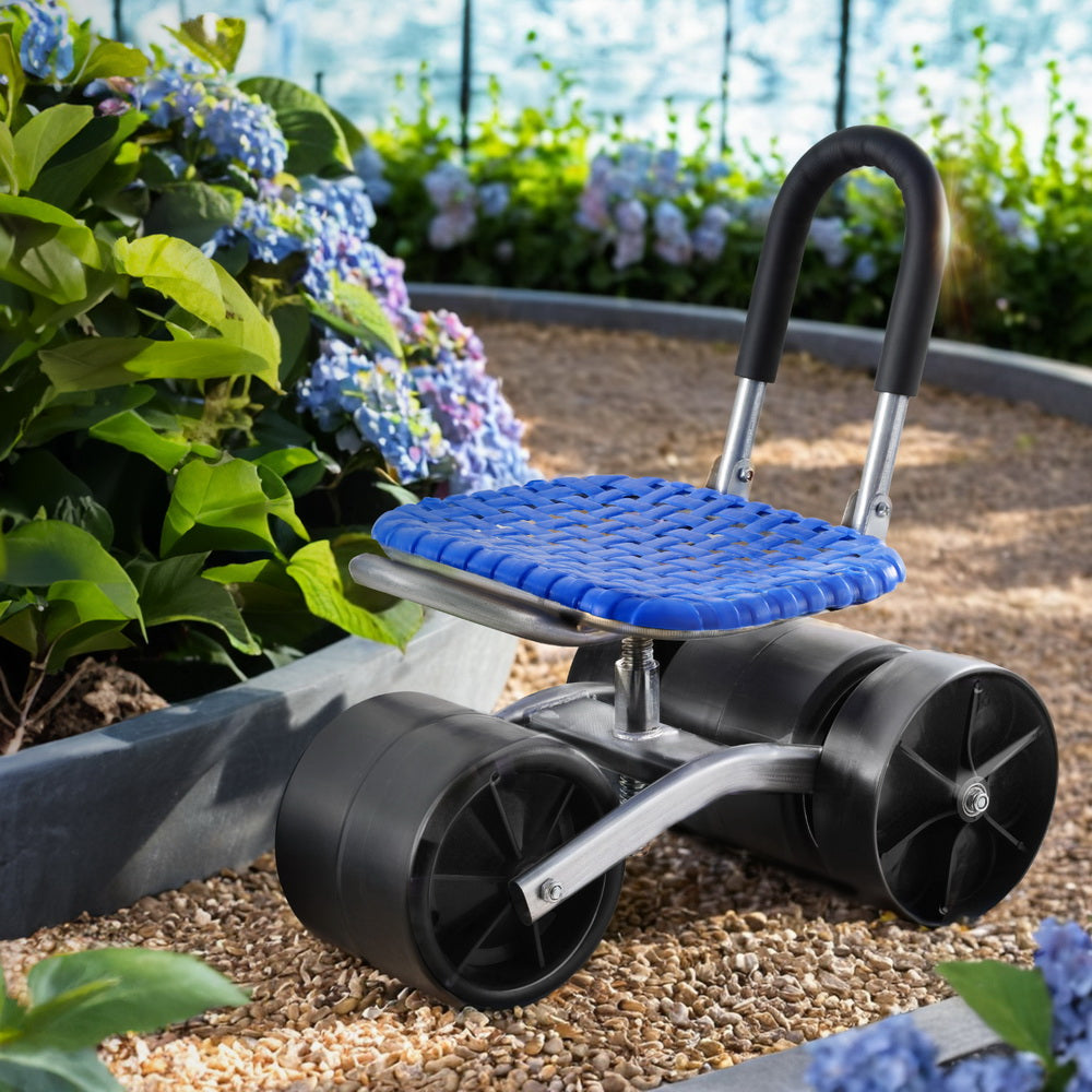 Gardeon Garden Stool Seat Foldable with Wheels Blue-6