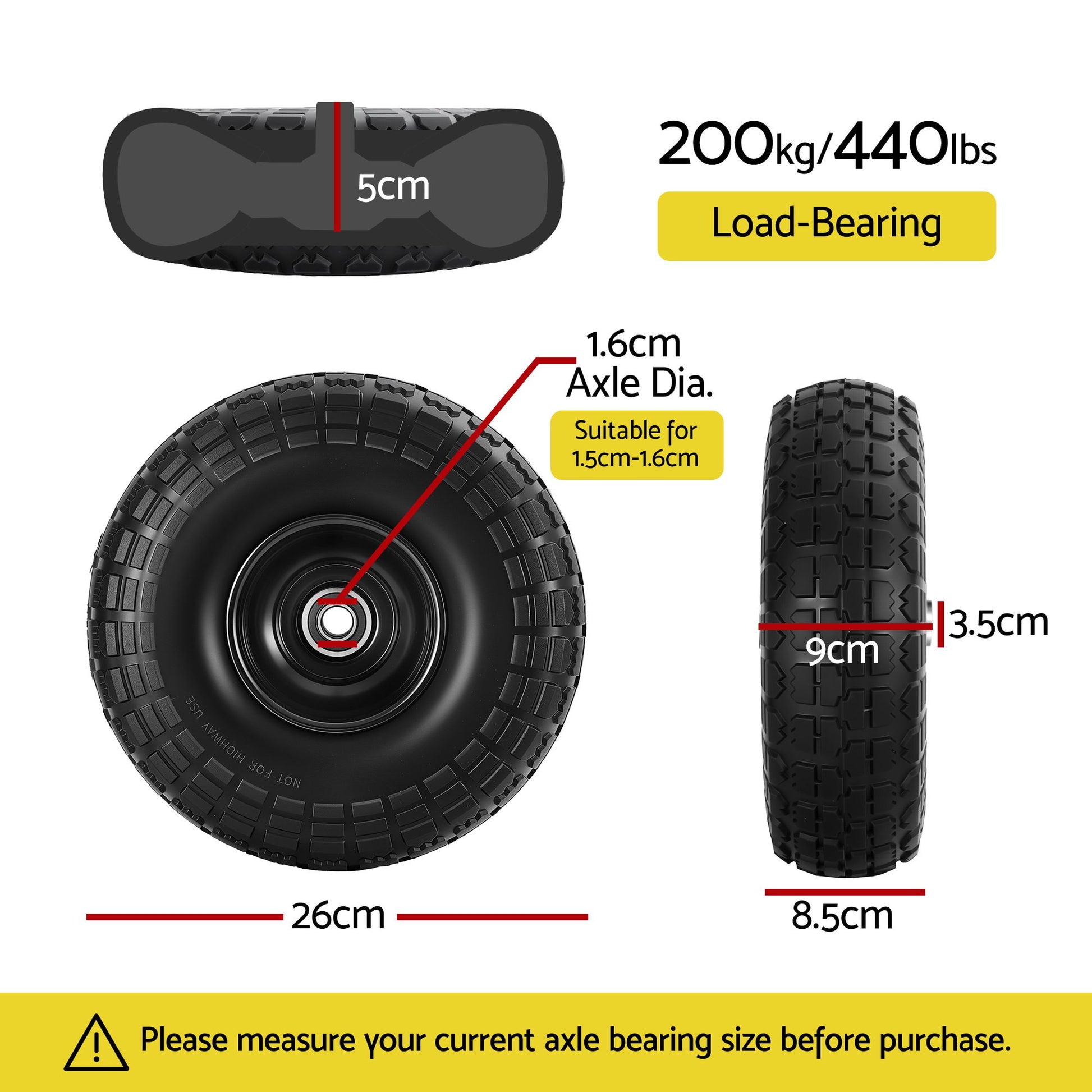 Gardeon 2pcs, 4.10/3.50-4 Tire And Wheel Flat Free, 26cm Solid Rubber Tires with 5/8 Axle Bore Hole And Double Sealed Bearings, Perfect for Wheelbarrow, Garden Cart, Wagon, Dolly-4