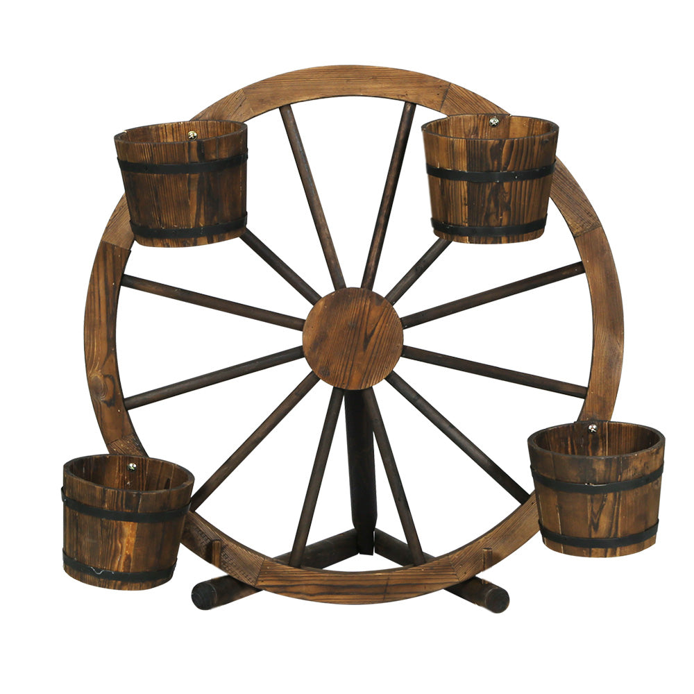 Gardeon Garden Decor Plant Stand Outdoor Ornament Wooden Wagon Wheel 80cm-2