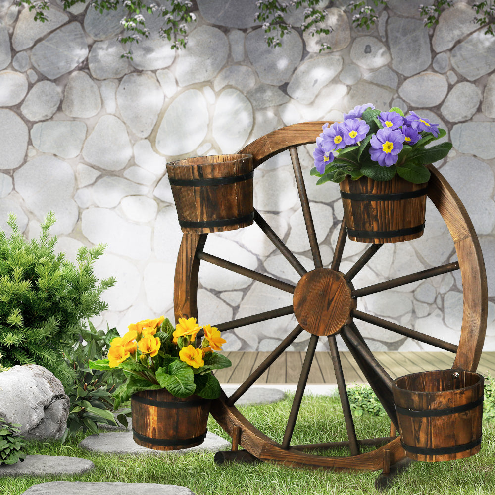 Gardeon Garden Decor Plant Stand Outdoor Ornament Wooden Wagon Wheel 80cm-7