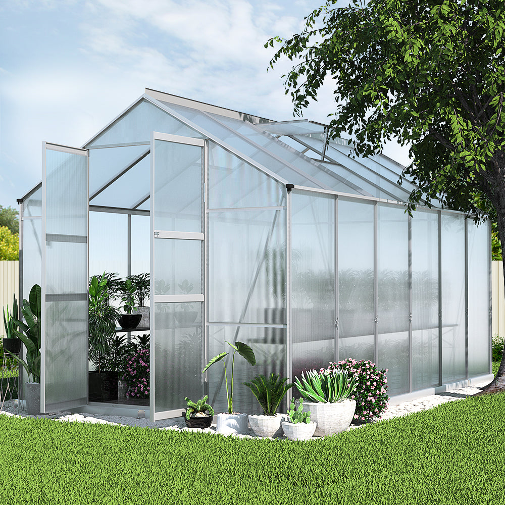 Greenfingers Greenhouse 3.7x2.5x2.26M Double Doors Aluminium Green House Garden Shed-7