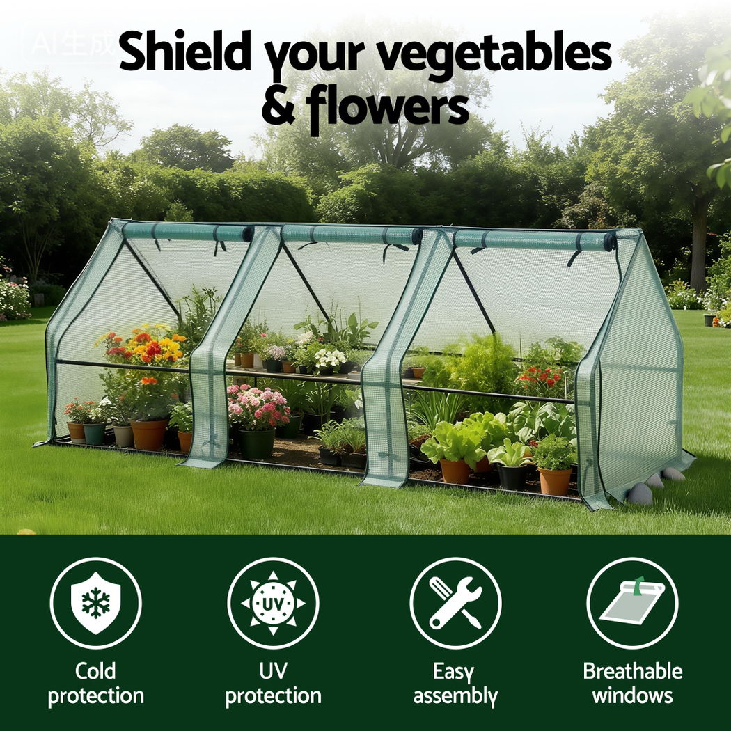 Green Fingers Mini Greenhouse 240x90x90cm Steel Frame PE Cover Outdoor Shelter-2