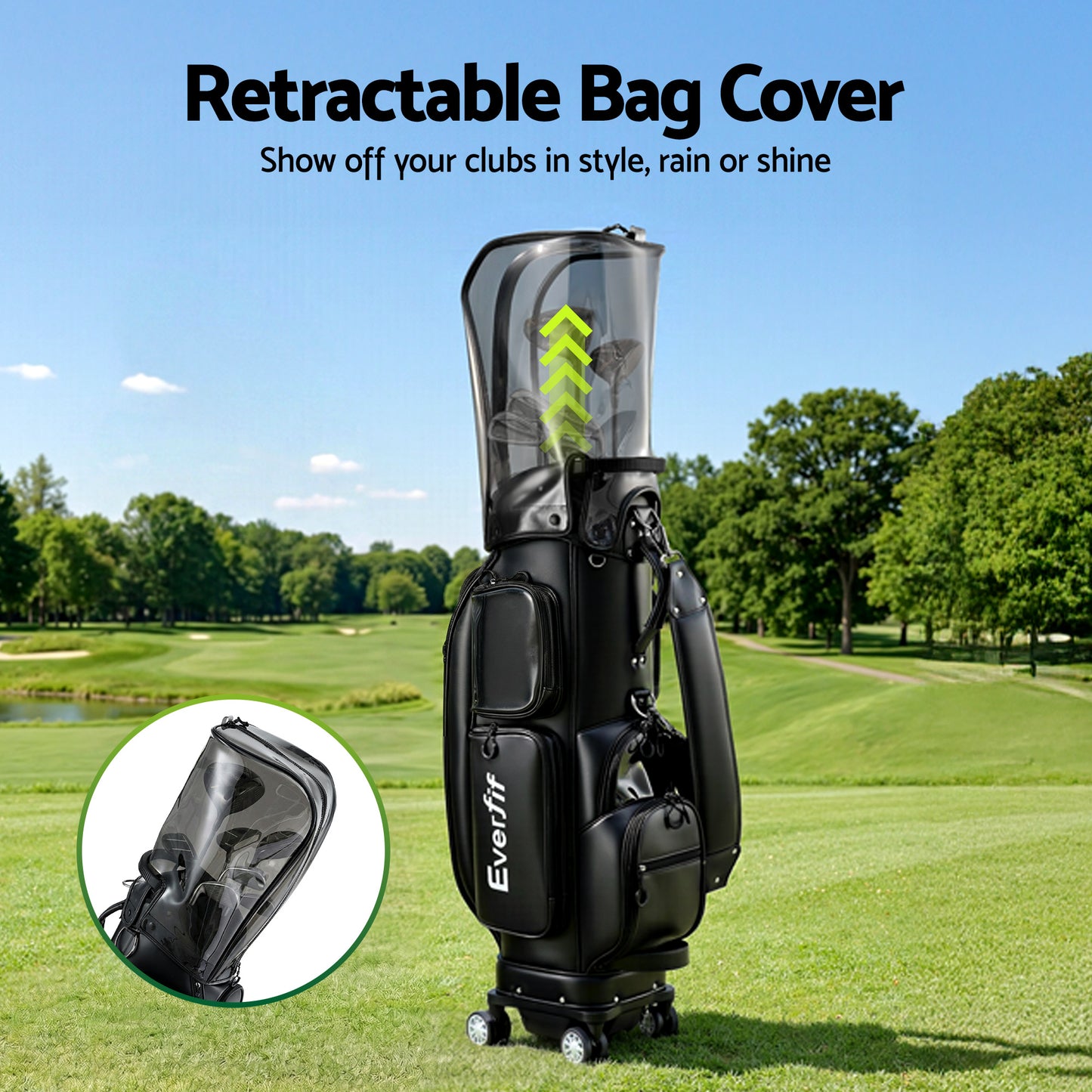 Everfit Golf Cart Bag Rolling Buggy Club Organiser Synthetic Leather Black