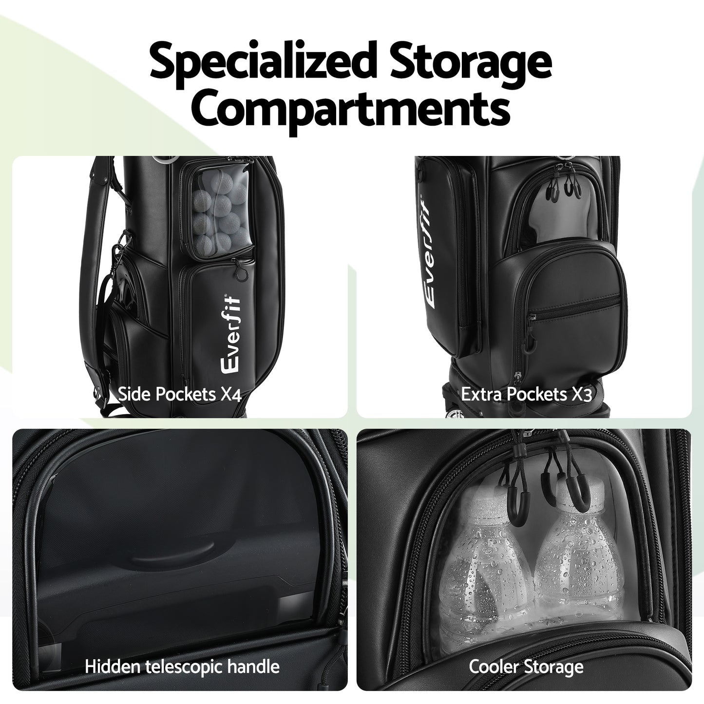 Everfit Golf Cart Bag Rolling Buggy Club Organiser Synthetic Leather Black