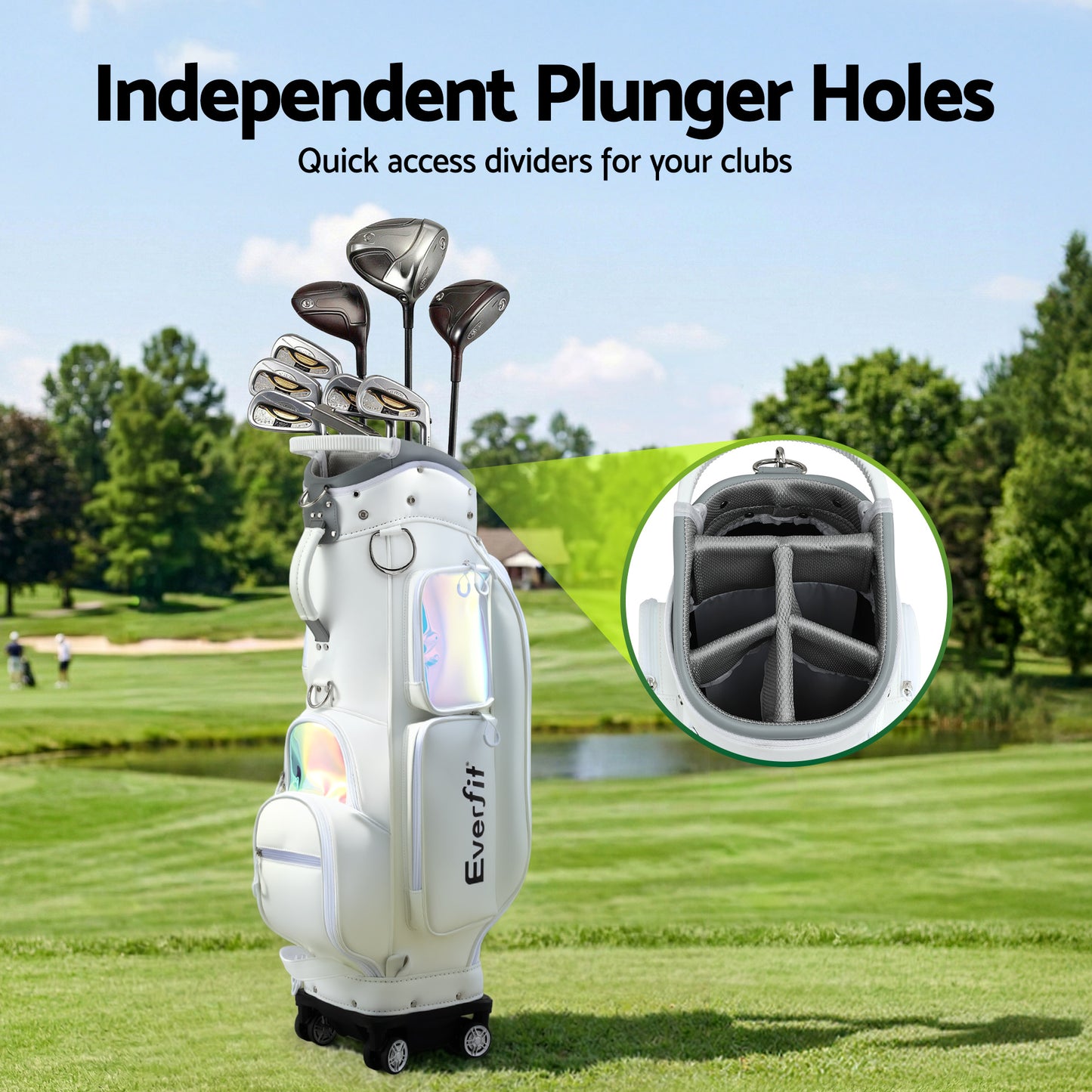 Everfit Golf Cart Bag Rolling Buggy Club Organiser Synthetic Leather White