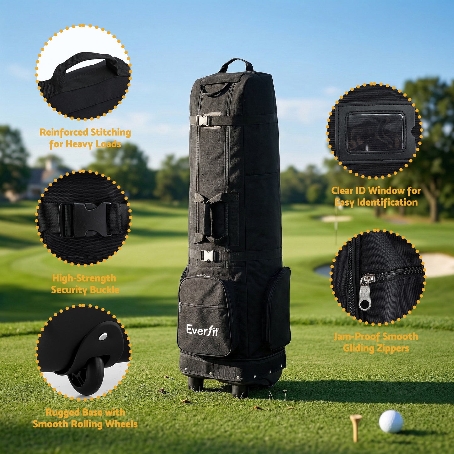 Everfit Golf Travel Bag Flight Cover Foldable Soft Case Wheels Black