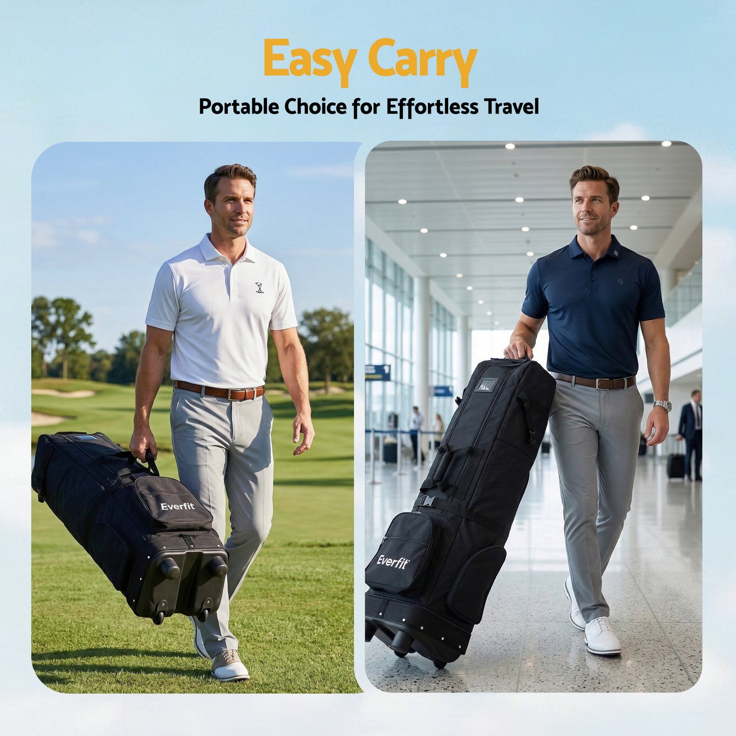 Everfit Golf Travel Bag Flight Cover Foldable Soft Case Wheels Black