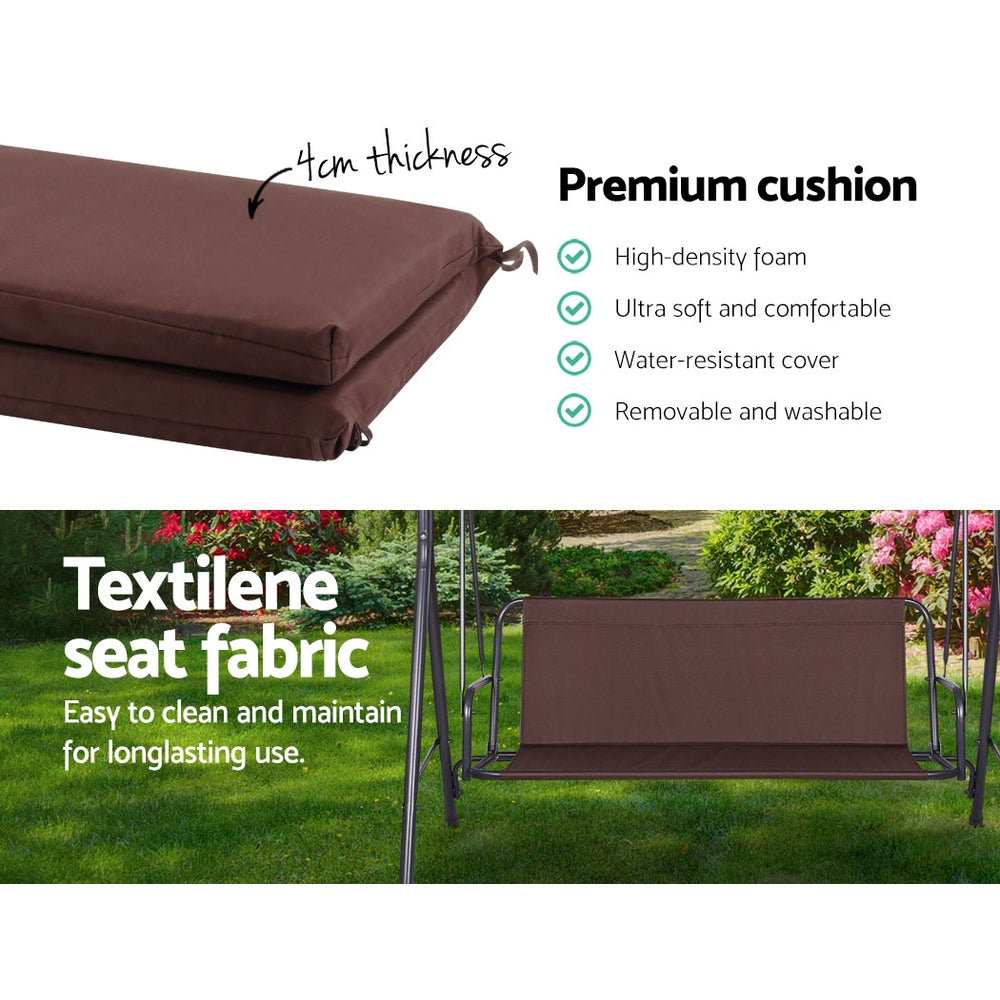 Gardeon Outdoor Swing Chair Garden Bench Furniture Canopy 3 Seater Brown-4