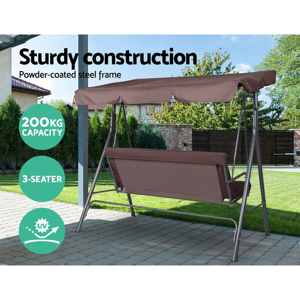 Gardeon Outdoor Swing Chair Garden Bench Furniture Canopy 3 Seater Brown-5