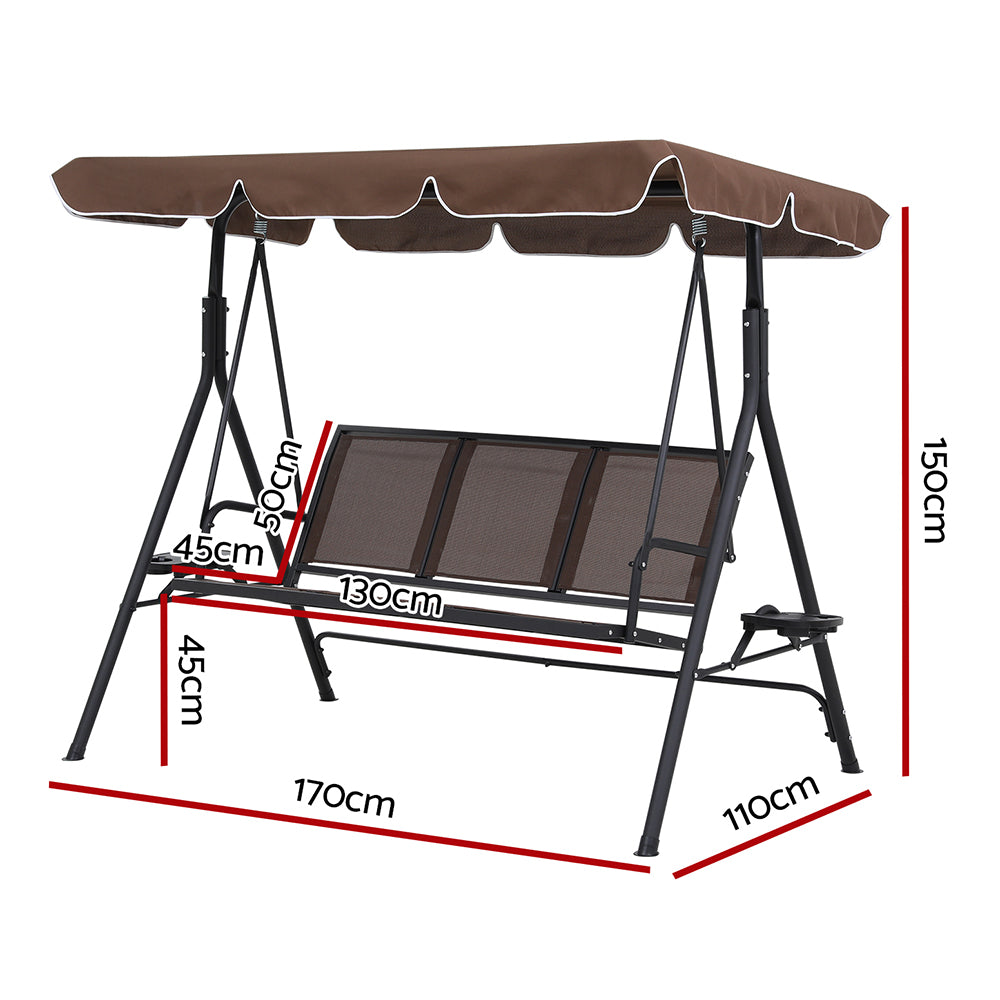 Gardeon Outdoor Swing Chair Garden Furniture Canopy Cup Holder 3 Seater Brown-2