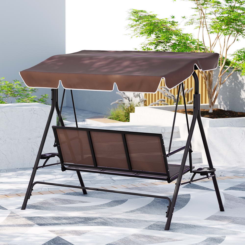 Gardeon Outdoor Swing Chair Garden Furniture Canopy Cup Holder 3 Seater Brown-5