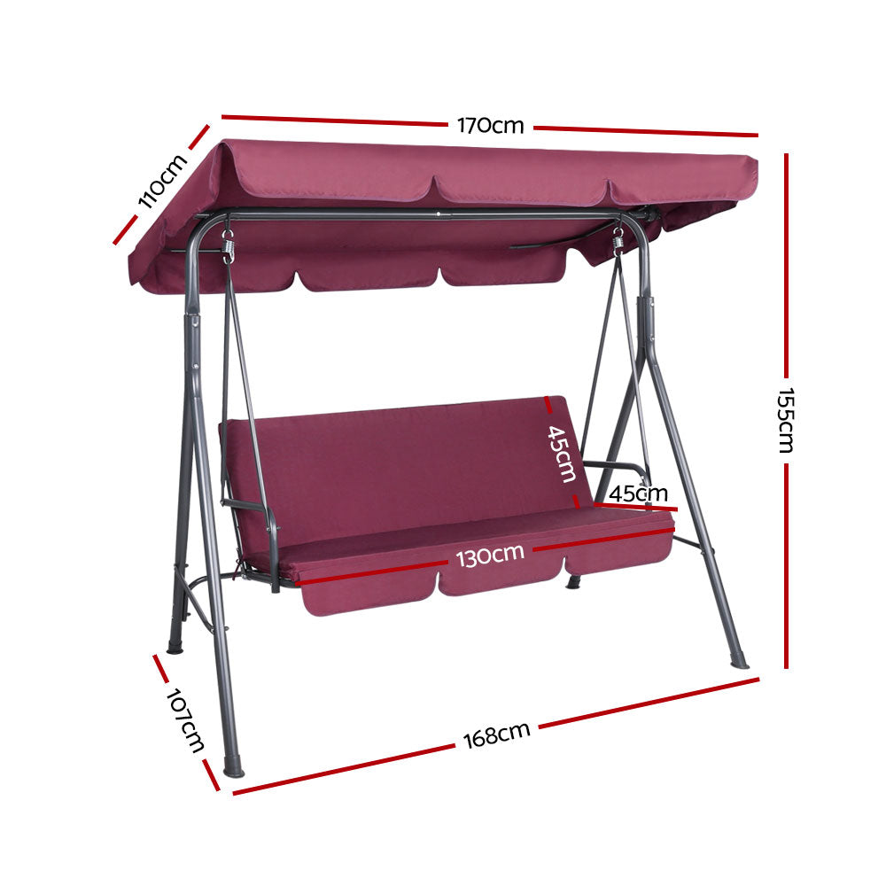 Gardeon Outdoor Swing Chair Garden Bench Furniture Canopy 3 Seater Wine Red-1