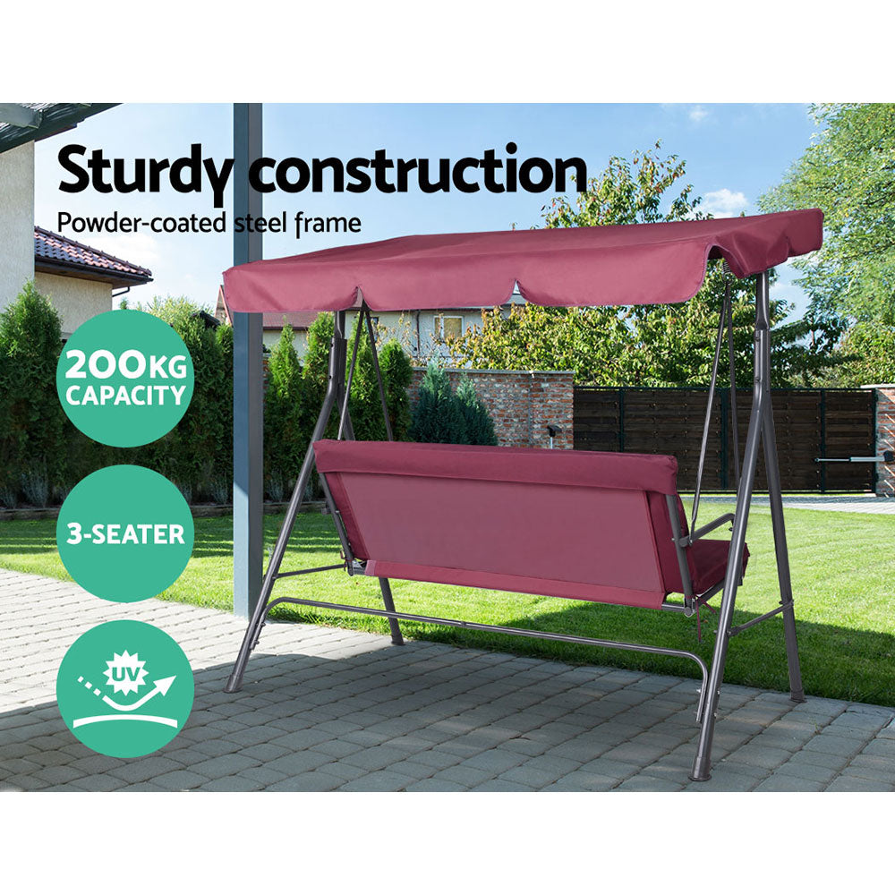 Gardeon Outdoor Swing Chair Garden Bench Furniture Canopy 3 Seater Wine Red-5