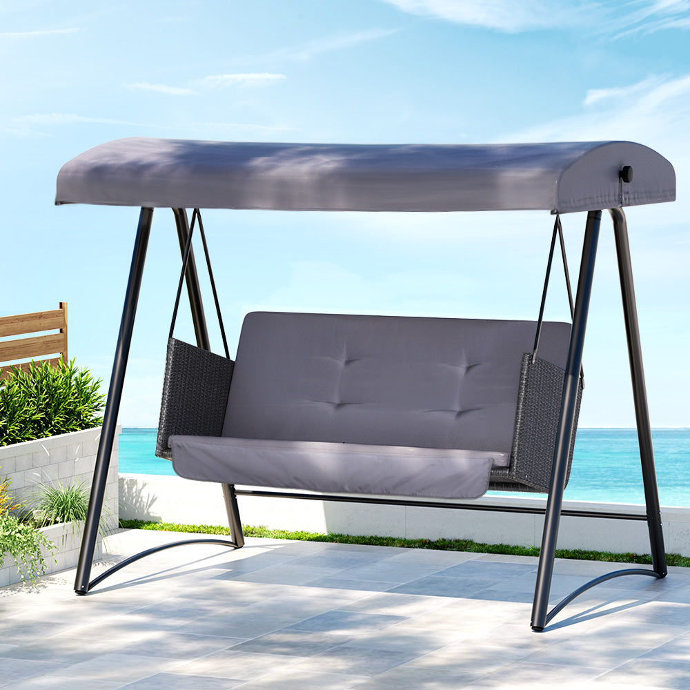 Gardeon Outdoor Swing Chair Garden Bench Furniture Canopy 3 Seater Rattan Grey-6