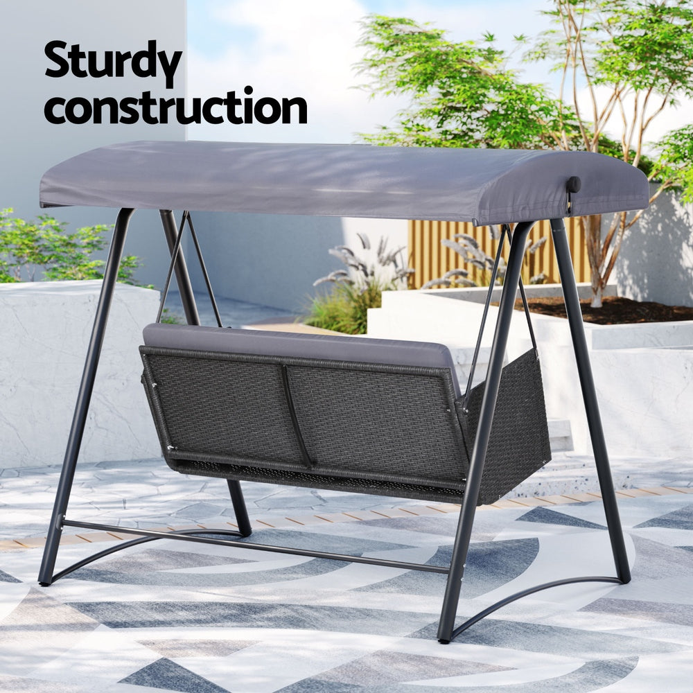 Gardeon Outdoor Swing Chair Garden Bench Furniture Canopy 3 Seater Rattan Grey-5