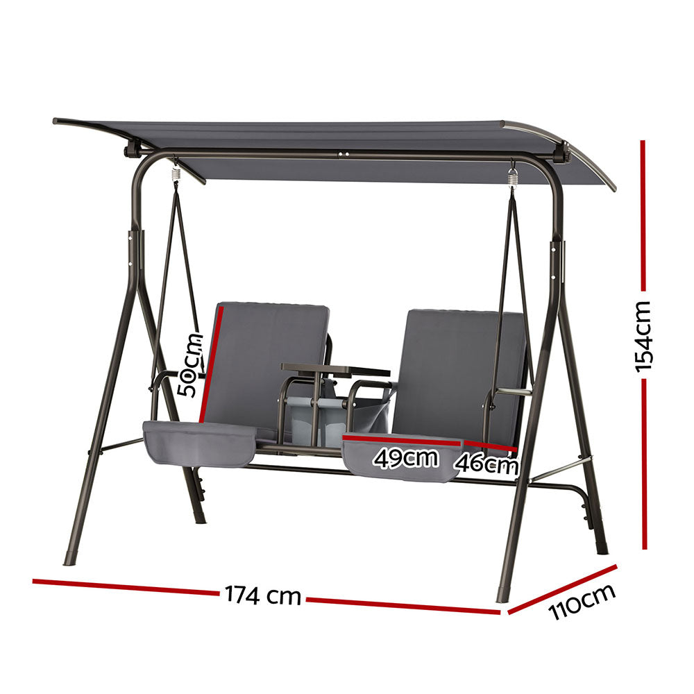 Gardeon Outdoor Swing Chair Garden Furniture Canopy Cup Holder 2 Seater Grey-1