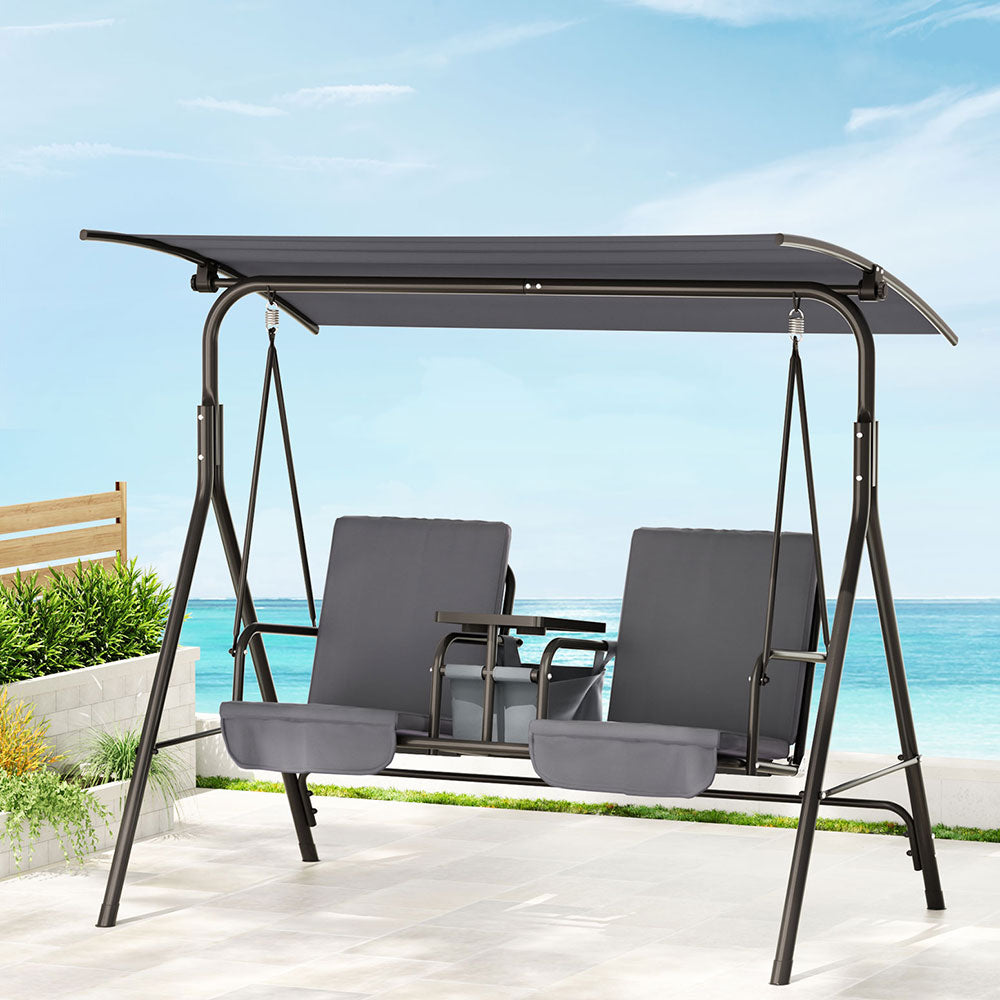 Gardeon Outdoor Swing Chair Garden Furniture Canopy Cup Holder 2 Seater Grey-7