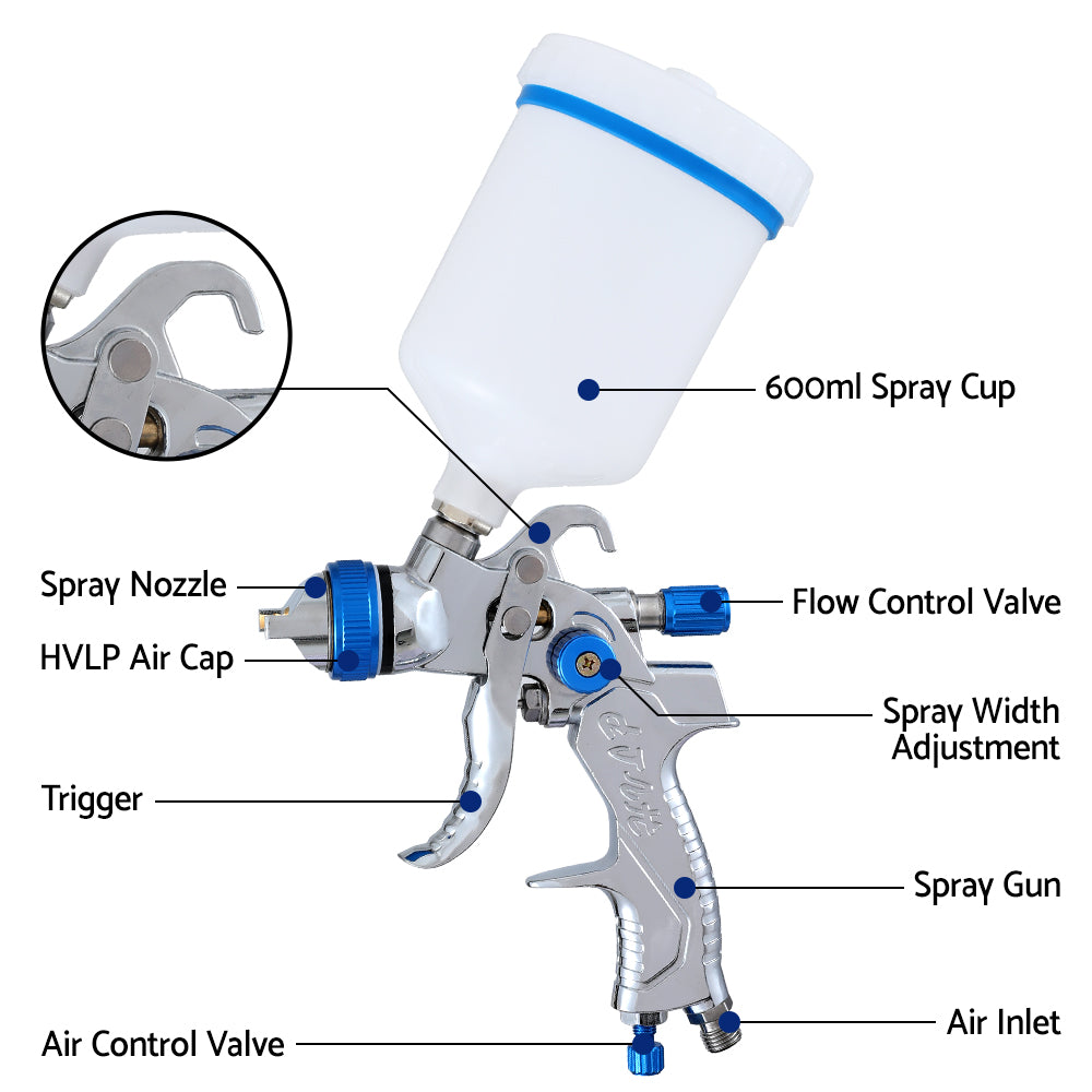 Giantz HVLP Air Spray Gun Gravity Feed Cup Nozzles Included-3