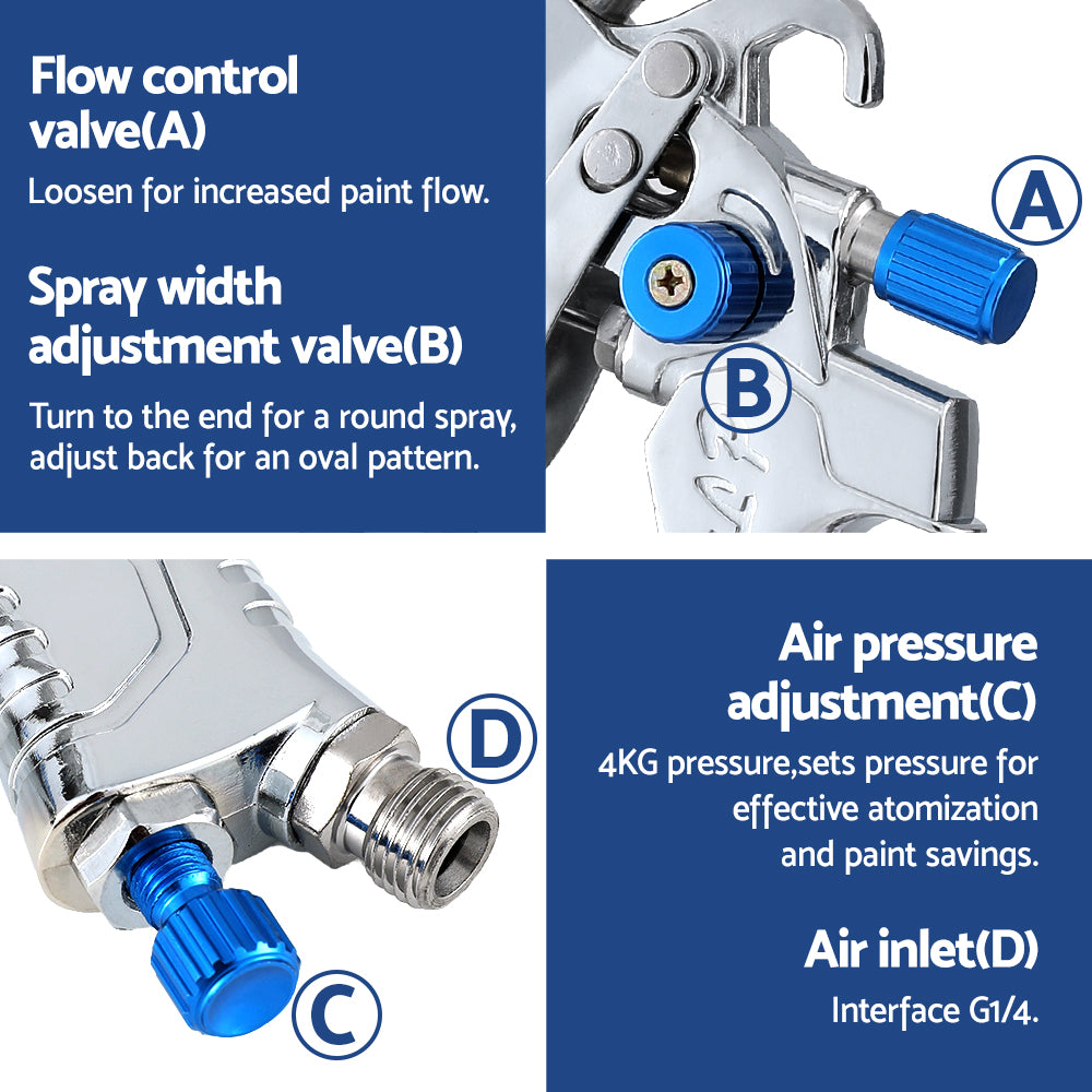 Giantz HVLP Air Spray Gun Gravity Feed Cup Nozzles Included-5