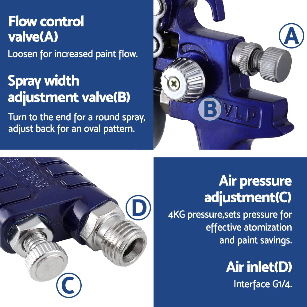 Giantz 2PC HVLP Air Spray Gun Gravity Feed Cup Nozzles Included-6