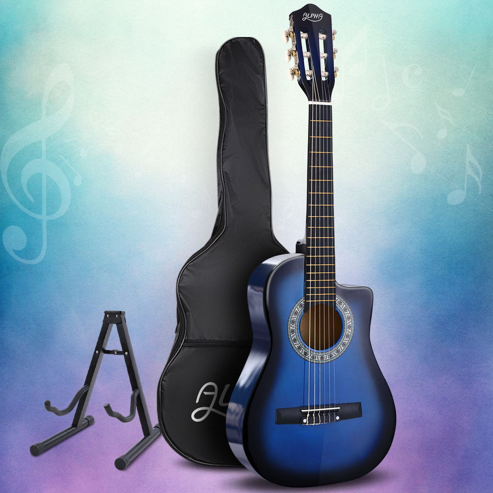 Alpha 34 Inch Classical Guitar Wooden Body Nylon String w/ Stand Beignner Blue-7