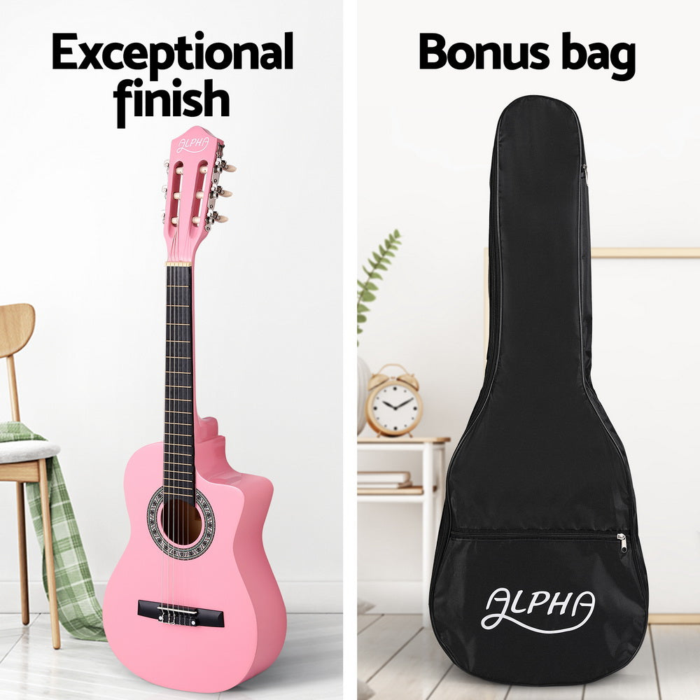 Alpha 34 Inch Classical Guitar Wooden Body Nylon String Beginner Kids Gift Pink-3