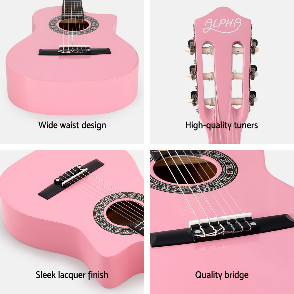 Alpha 34 Inch Classical Guitar Wooden Body Nylon String Beginner Kids Gift Pink-5