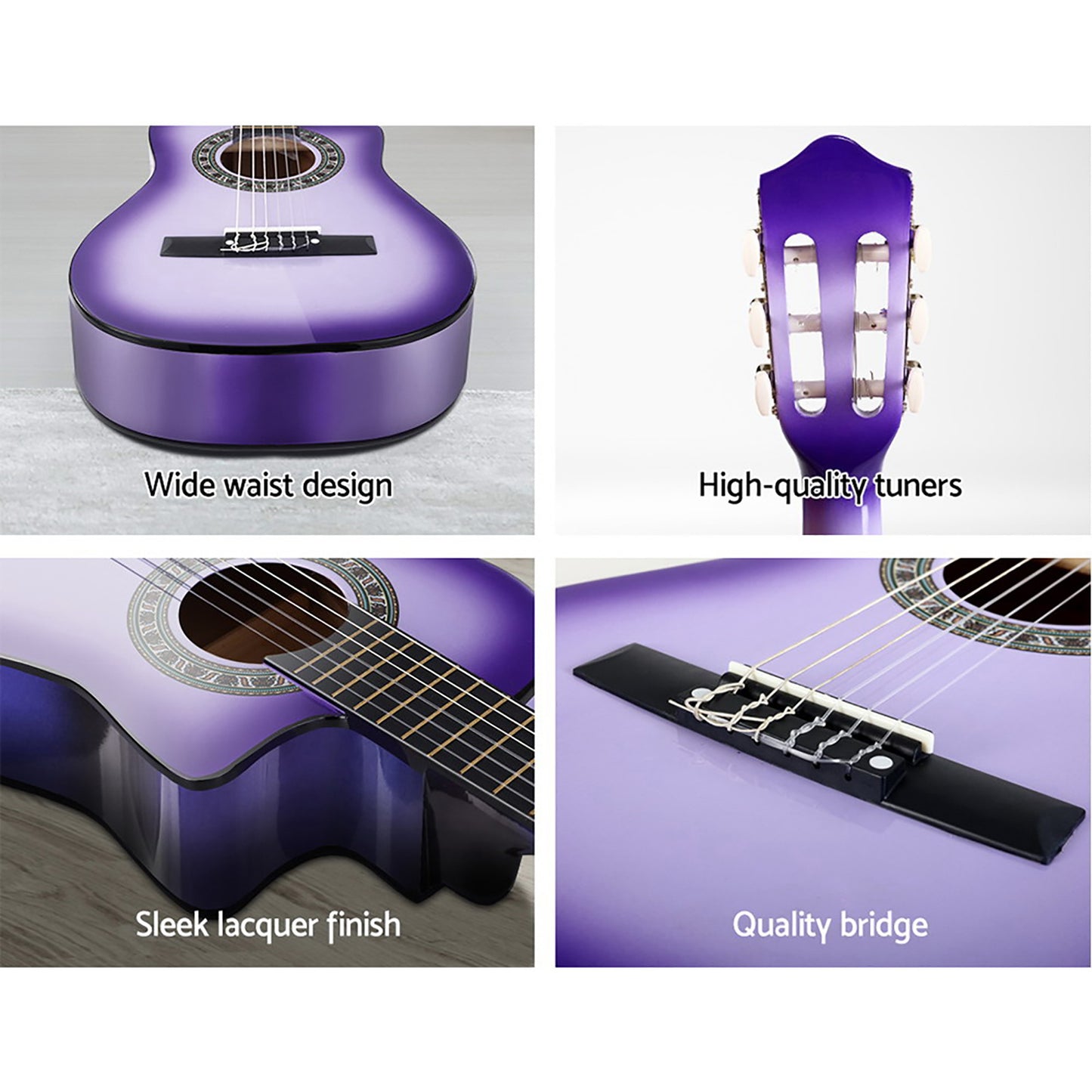 Alpha 34 Inch Classical Guitar Wooden Body Nylon String w/ Stand Beignner Purple-6