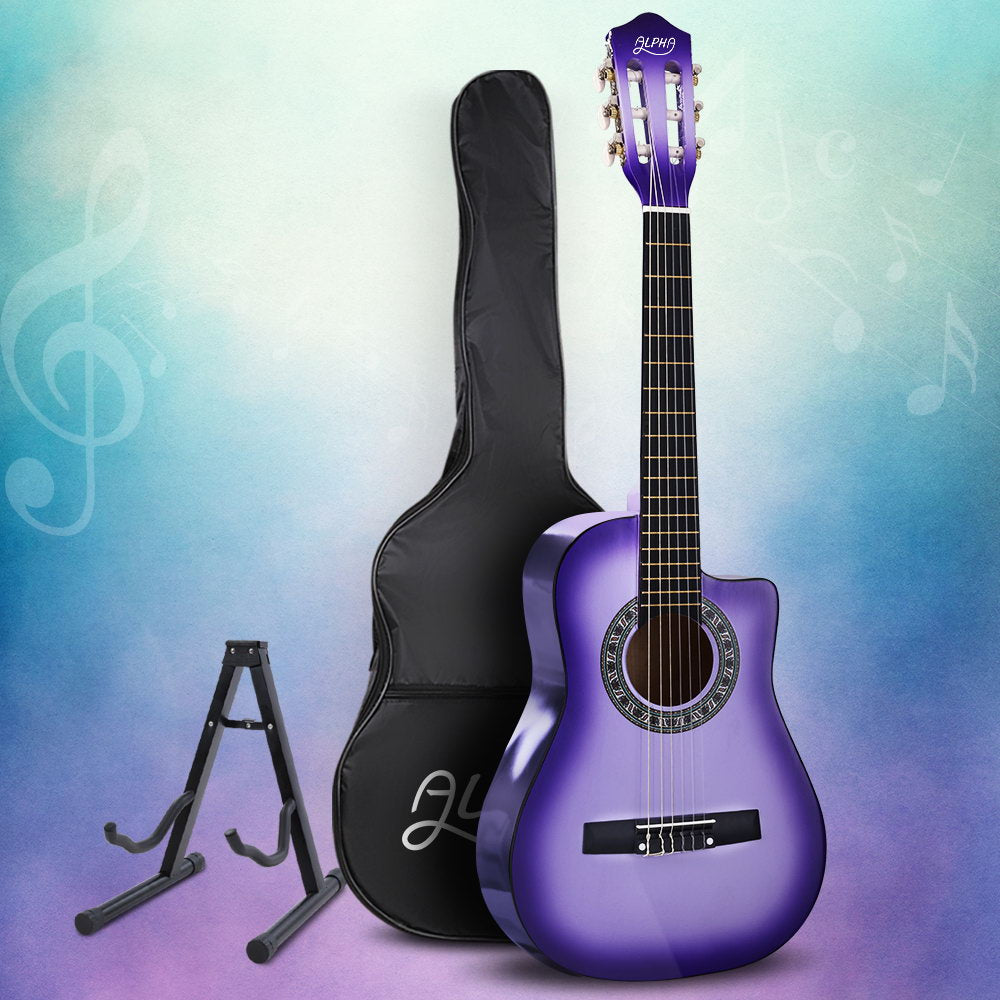 Alpha 34 Inch Classical Guitar Wooden Body Nylon String w/ Stand Beignner Purple-7