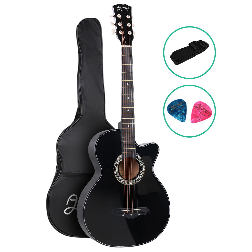 Alpha 38 Inch Acoustic Guitar Wooden Body Steel String Full Size Cutaway Black-0