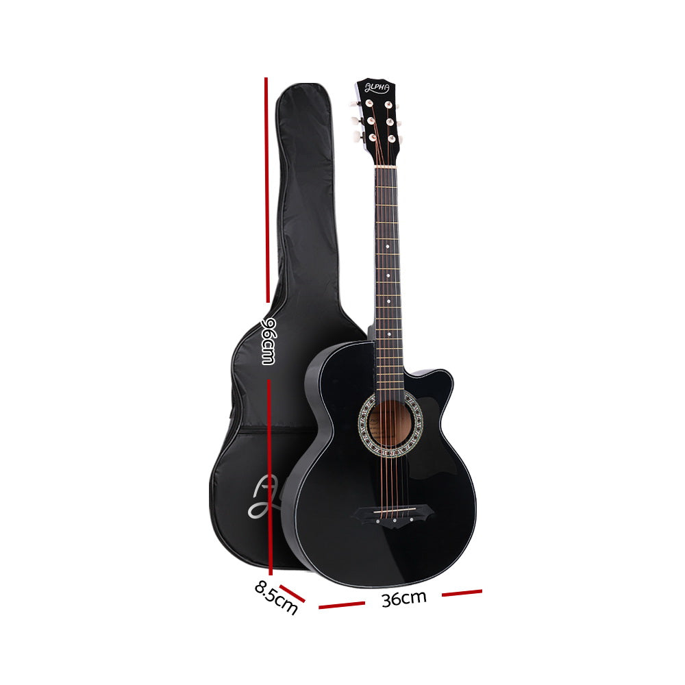 Alpha 38 Inch Acoustic Guitar Wooden Body Steel String Full Size Cutaway Black-1