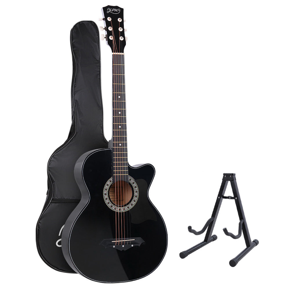 Alpha 38 Inch Acoustic Guitar Wooden Body Steel String Full Size w/ Stand Black-0