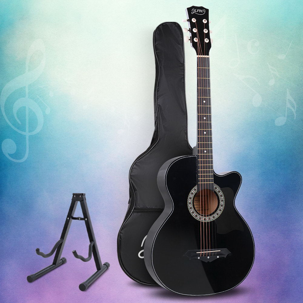 Alpha 38 Inch Acoustic Guitar Wooden Body Steel String Full Size w/ Stand Black-7