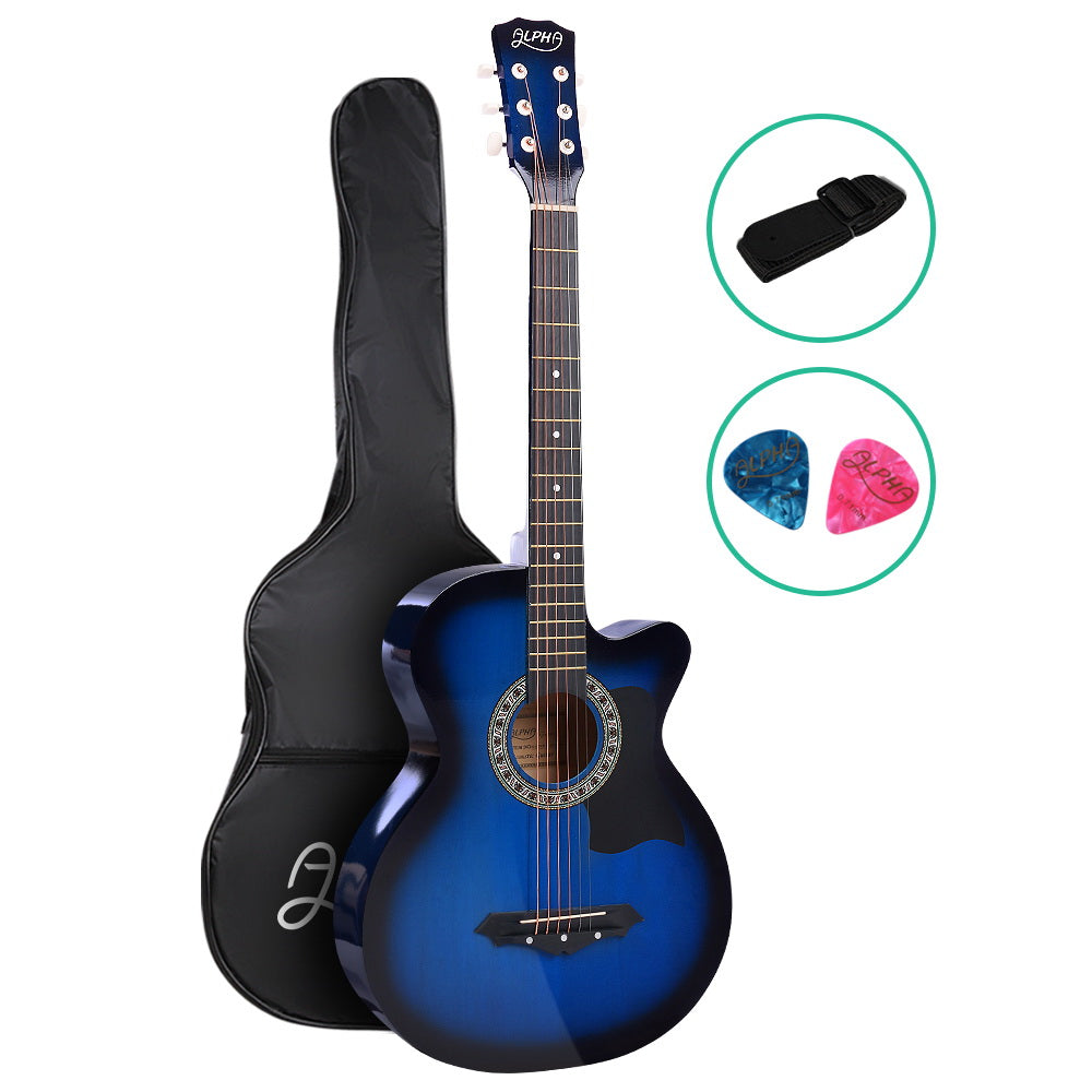 Alpha 38 Inch Acoustic Guitar Wooden Body Steel String Full Size Cutaway Blue-0