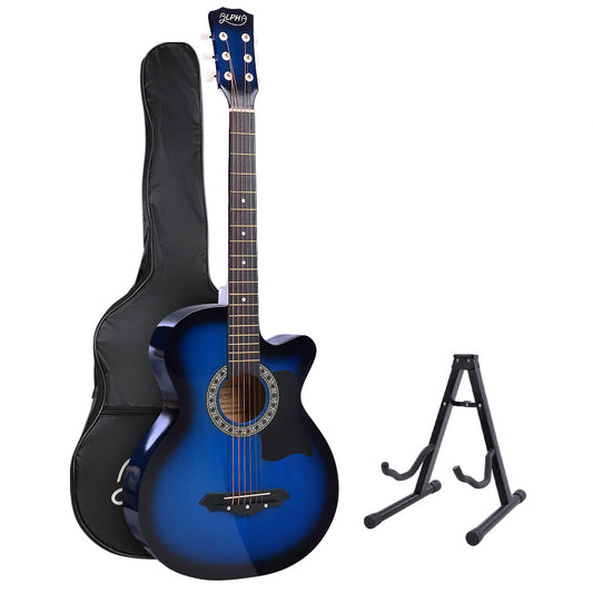 Alpha 38 Inch Acoustic Guitar Wooden Body Steel String Full Size w/ Stand Blue-0