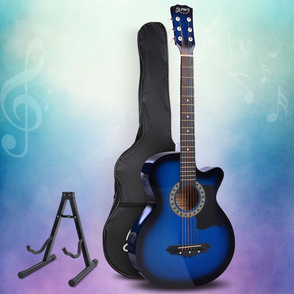 Alpha 38 Inch Acoustic Guitar Wooden Body Steel String Full Size w/ Stand Blue-7