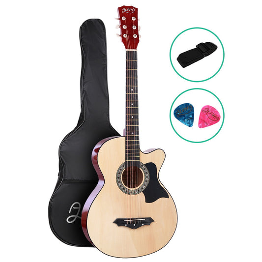 Alpha 38 Inch Acoustic Guitar Wooden Body Steel String Full Size Cutaway Wood-0