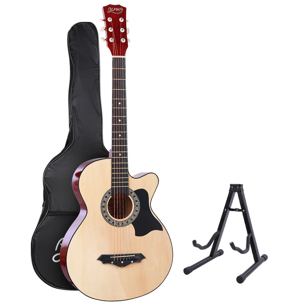 Alpha 38 Inch Acoustic Guitar Wooden Body Steel String Full Size w/ Stand Wood-0