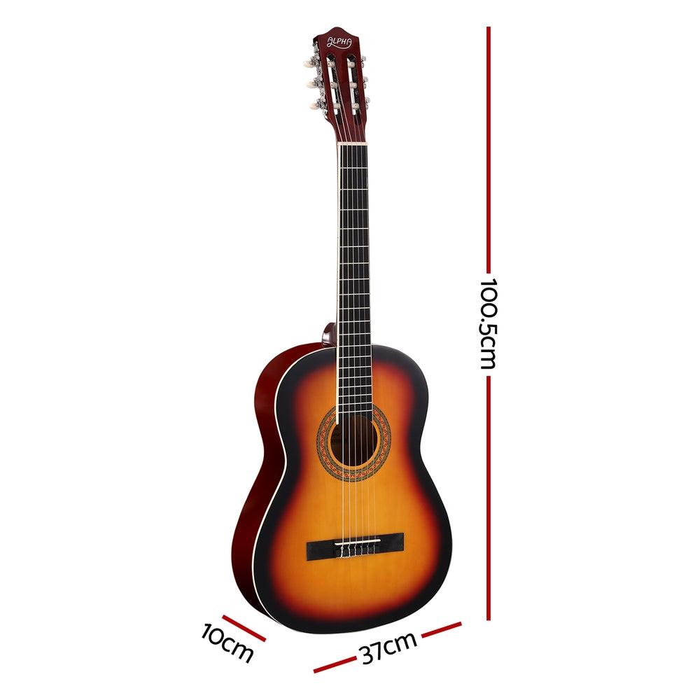 Alpha 39 Inch Classical Guitar Wooden Body Nylon String Beginner Gift Sunburst-1