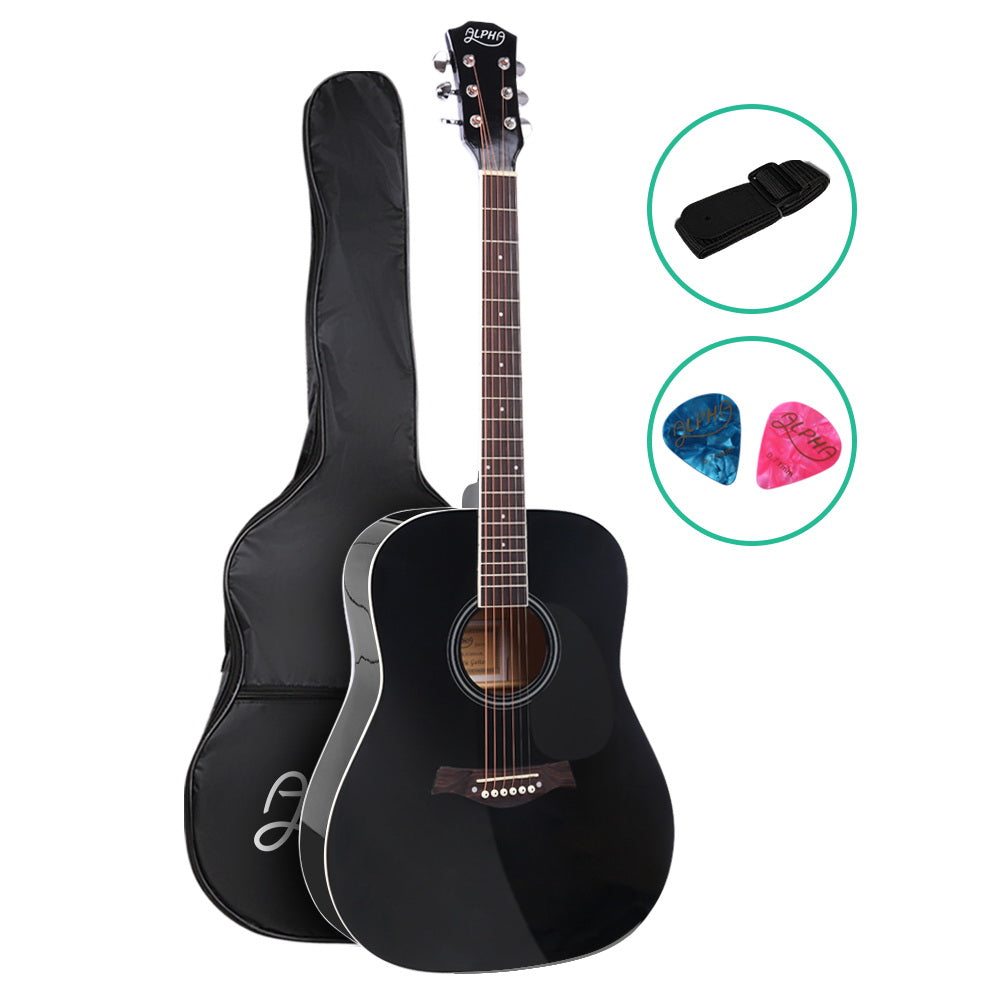 Alpha 41 Inch Acoustic Guitar Wooden Body Steel String Dreadnought Black-0