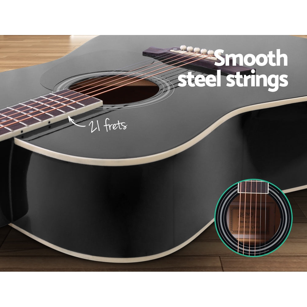 Alpha 41 Inch Acoustic Guitar Wooden Body Steel String Dreadnought Black-3