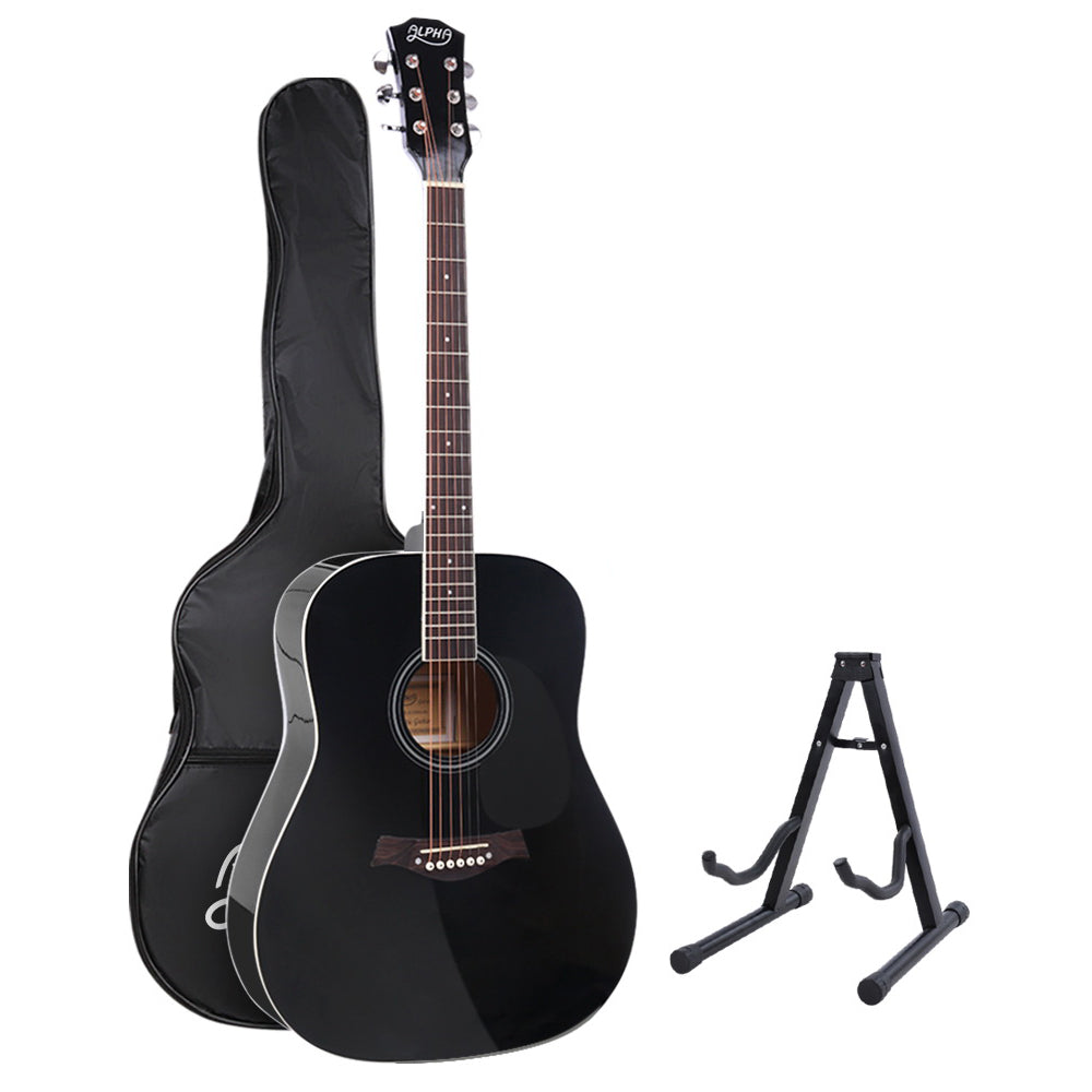 Alpha 41 Inch Acoustic Guitar Wooden Body Steel String Dreadnought Stand Black-0