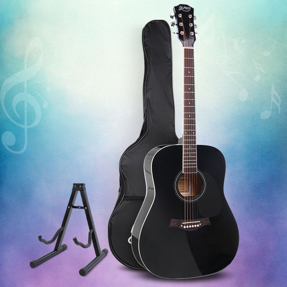 Alpha 41 Inch Acoustic Guitar Wooden Body Steel String Dreadnought Stand Black-7