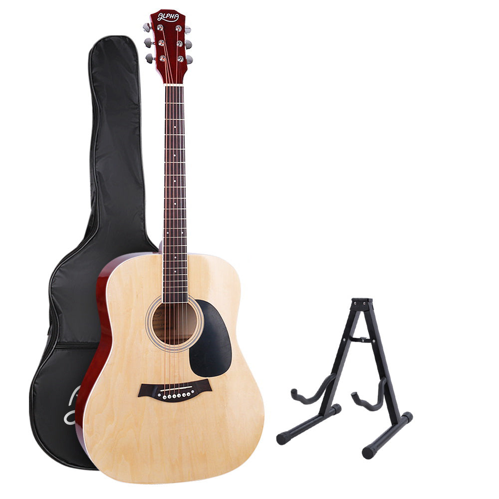 Alpha 41 Inch Acoustic Guitar Wooden Body Steel String Dreadnought Stand Wood-0