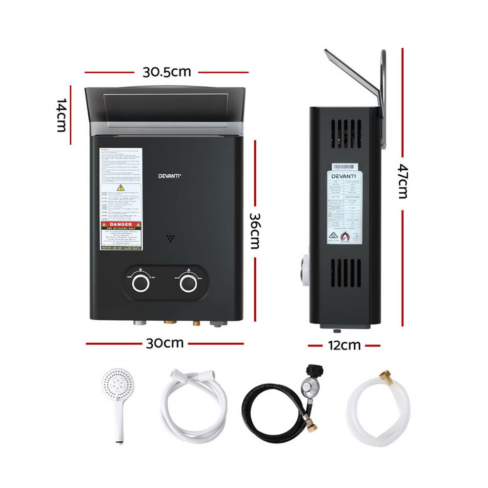 Devanti Portable Gas Water Heater 6L/Min LPG System Black-1