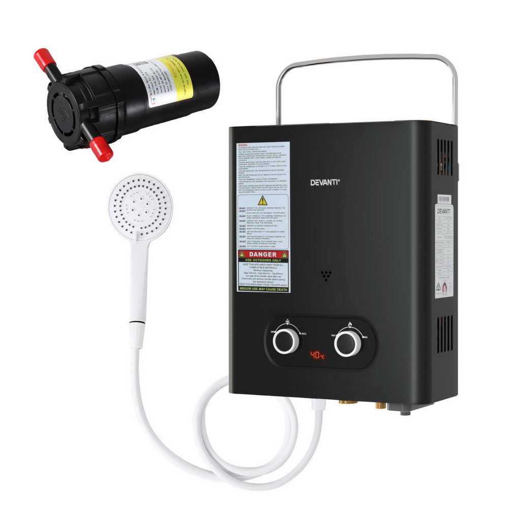 Devanti Portable Gas Water Heater LPG-powered System Black With Pump-0