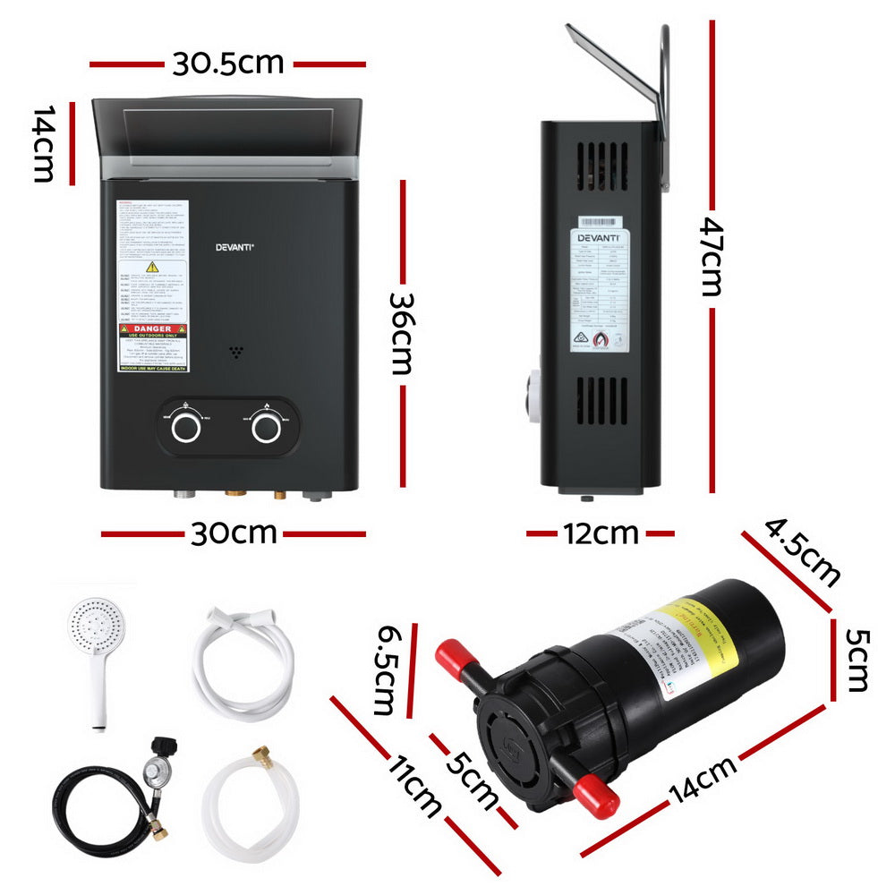Devanti Portable Gas Water Heater LPG-powered System Black With Pump-1